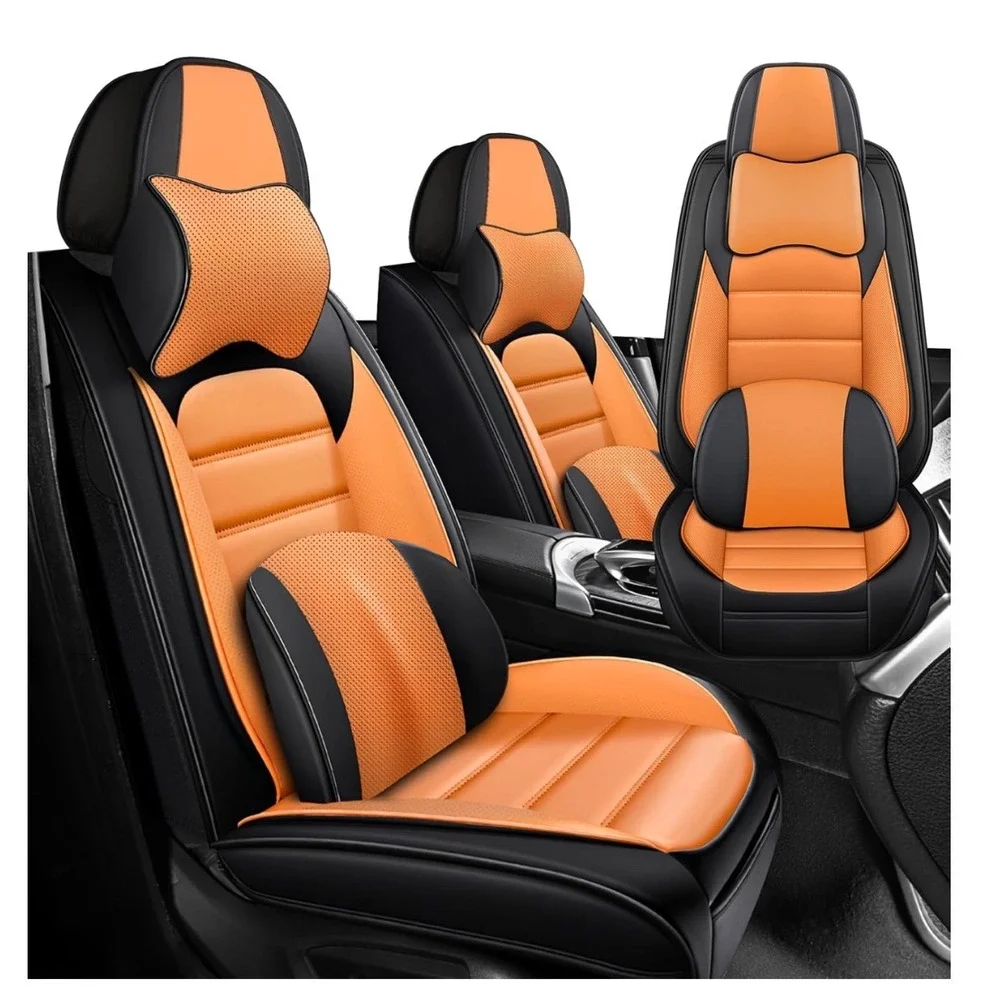 Luxury Car Seat Covers Waterproof Leather Breathable Front Rear Black Orange